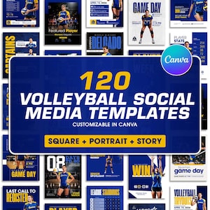 K&ouml;nnte beinhalten: Eine Sammlung von 120 Volleyball-Social-Media-Vorlagen, anpassbar in Canva. Die Vorlagen sind in quadratischen, Hochformat- und Story-Formaten. Das Design zeigt blau-gelbe Farbschemata mit Volleyballspieler-Grafiken.