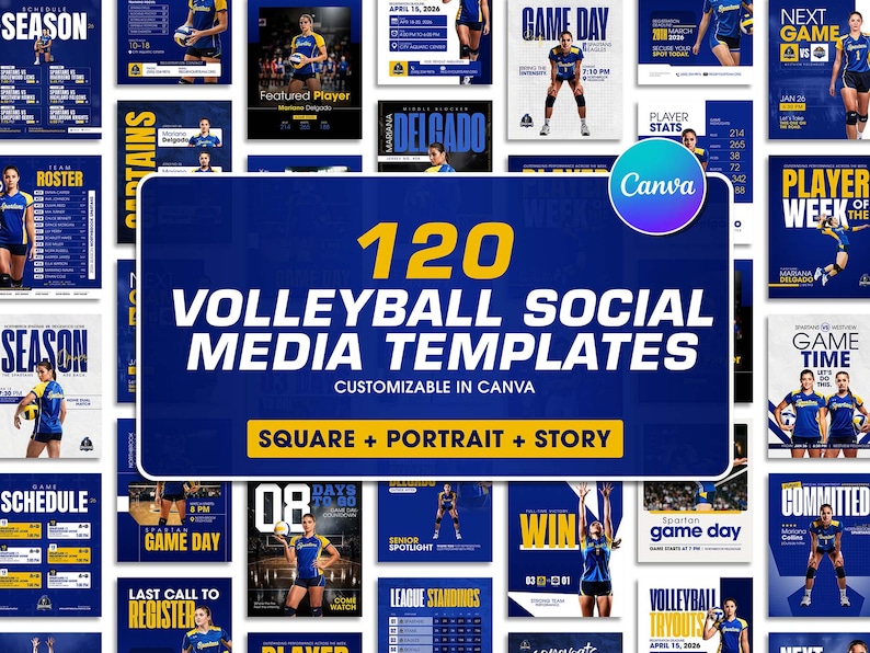 K&ouml;nnte beinhalten: Eine Sammlung von 120 Volleyball-Social-Media-Vorlagen, anpassbar in Canva. Die Vorlagen sind in quadratischen, Hochformat- und Story-Formaten. Das Design zeigt blau-gelbe Farbschemata mit Volleyballspieler-Grafiken.