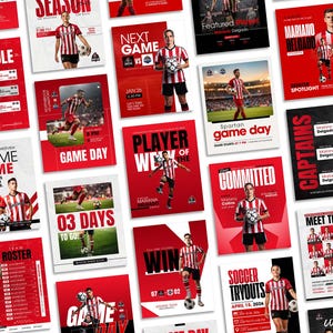 May include: A collection of red and white soccer-themed promotional posters. Each poster features images of soccer players, team rosters, and game schedules. Text includes "Game Day," "Player of the Week," and "Soccer Tryouts."