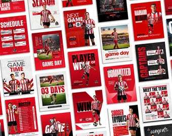 Fußball Social Media Vorlagen | Canva Sports Grafik-Bundle | Spieltag, Team Roster & Spieler Spielplan Vorlagen