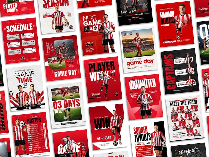 May include: A collection of red and white soccer-themed promotional posters. Each poster features images of soccer players, team rosters, and game schedules. Text includes "Game Day," "Player of the Week," and "Soccer Tryouts."