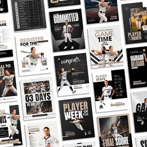 May include: A collection of graphic design templates for softball social media posts featuring various players in uniform, action shots, game schedules, player statistics, and event announcements with text overlays in black, white, and tan colour schemes.
