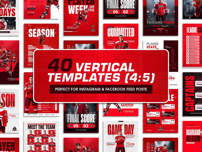 K&ouml;nnte beinhalten: Eine Sammlung von vierzig vertikalen Social-Media-Vorlagen in Rot und Wei&szlig;. Die Designs enthalten Eishockeyspieler, Spielpl&auml;ne, Endergebnisse und Mannschaftsaufstellungen mit dem Text 40 VERTICAL TEMPLATES (4:5) auf einem roten Banner.