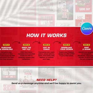 May include: A red graphic with the text "HOW IT WORKS" and instructions for using a Canva template. Steps include purchasing, opening a PDF, editing in Canva, downloading the design, and posting. The Canva logo is in the upper right.