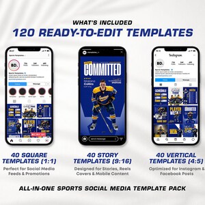 Pu&ograve; includere: Una collezione digitale di 120 modelli per social media sportivi pronti per la modifica, visualizzati su tre schermi di smartphone. Il set include 40 modelli quadrati, 40 per storie e 40 verticali con grafiche di hockey e testo.