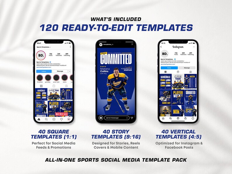 Pu&ograve; includere: Una collezione digitale di 120 modelli per social media sportivi pronti per la modifica, visualizzati su tre schermi di smartphone. Il set include 40 modelli quadrati, 40 per storie e 40 verticali con grafiche di hockey e testo.