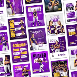Puede incluir: Una colección de carteles de softbol morados y blancos. Los carteles presentan fotos de jugadores, horarios de juegos, información de pruebas y estadísticas de jugadores. El diseño incluye texto como "Game Day" y "Player of the Week".