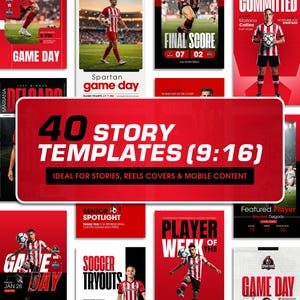 May include: A collection of 40 red and white soccer-themed story templates, ideal for social media content. The templates feature game day announcements, player spotlights, and tryout information. The text includes "Game Day", "Player of the Week", and "Soccer Tryouts".