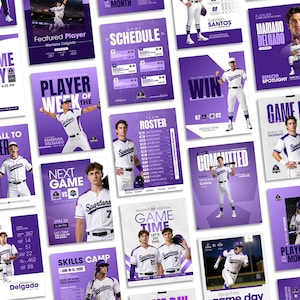 Puede incluir: Una colección de carteles promocionales de béisbol morados y blancos. Los carteles presentan fotos de jugadores, horarios de partidos e información del equipo. El texto incluye "Game Day", "Player of the Month" y nombres de jugadores.