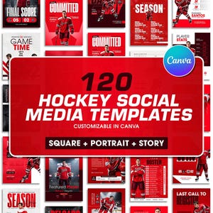 K&ouml;nnte beinhalten: Eine Sammlung von 120 Hockey-Social-Media-Vorlagen in Rot und Wei&szlig; mit kr&auml;ftiger Typografie. Die Designs umfassen Layouts f&uuml;r Spielpl&auml;ne, Spielerstatistiken, Mannschaftsaufstellungen und Ank&uuml;ndigungen, die alle in Canva anpassbar sind.