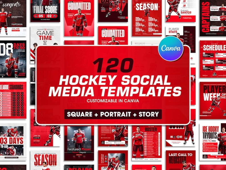 K&ouml;nnte beinhalten: Eine Sammlung von 120 Hockey-Social-Media-Vorlagen in Rot und Wei&szlig; mit kr&auml;ftiger Typografie. Die Designs umfassen Layouts f&uuml;r Spielpl&auml;ne, Spielerstatistiken, Mannschaftsaufstellungen und Ank&uuml;ndigungen, die alle in Canva anpassbar sind.