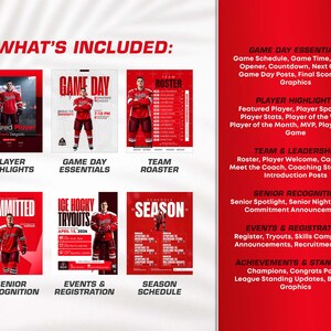 K&ouml;nnte beinhalten: Ein rot-wei&szlig;es digitales Vorlagenset f&uuml;r Eishockey-Social-Media-Grafiken. Enth&auml;lt sechs verschiedene Layouts f&uuml;r Spieler-Highlights, Spieltag-Essentials, Teamkader, Senior-Ehrungen, Veranstaltungen und Saisonpl&auml;ne mit Text.