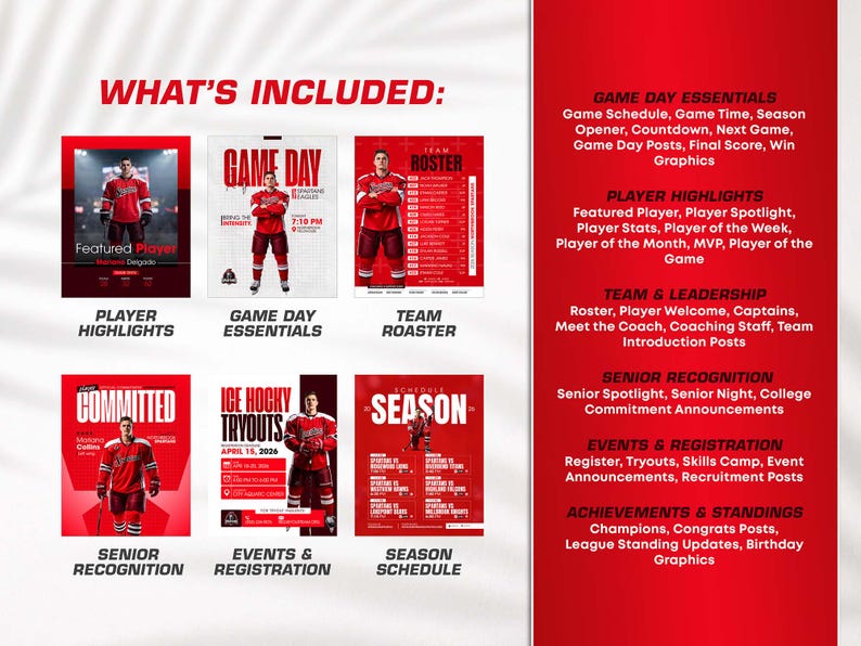 K&ouml;nnte beinhalten: Ein rot-wei&szlig;es digitales Vorlagenset f&uuml;r Eishockey-Social-Media-Grafiken. Enth&auml;lt sechs verschiedene Layouts f&uuml;r Spieler-Highlights, Spieltag-Essentials, Teamkader, Senior-Ehrungen, Veranstaltungen und Saisonpl&auml;ne mit Text.