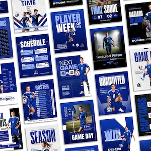 Mallar för fotboll i Canva | Grafik för sociala medier för sport | Spelarfokus, matchschema och inlägg om laguppställningar