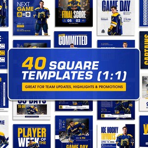 Pu&ograve; includere: Una raccolta di 40 modelli quadrati per i social media con grafiche a tema hockey, tra cui foto di giocatori con maglie blu e gialle, programmi delle partite, rose delle squadre e tabelloni segnapunti con testo in giallo e bianco.