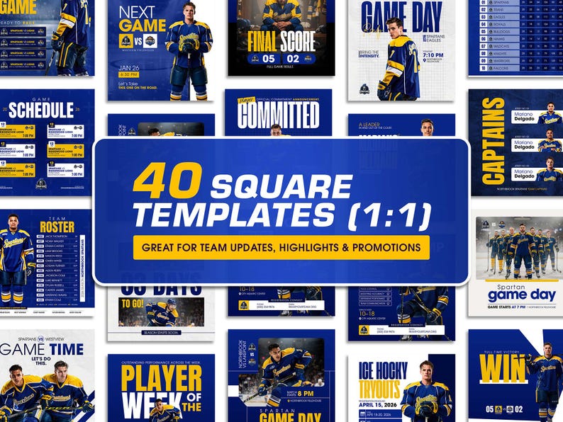 Pu&ograve; includere: Una raccolta di 40 modelli quadrati per i social media con grafiche a tema hockey, tra cui foto di giocatori con maglie blu e gialle, programmi delle partite, rose delle squadre e tabelloni segnapunti con testo in giallo e bianco.