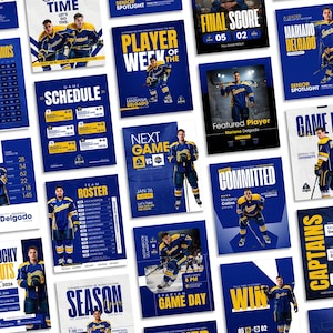 Pu&ograve; includere: Una collezione di grafiche sportive digitali con giocatori di hockey su ghiaccio in uniformi blu e gialle. I modelli includono testo per statistiche, calendari, rose delle squadre e annunci di partite con uno schema di colori blu.