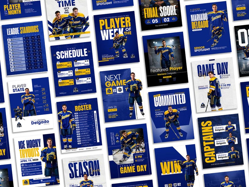 Pu&ograve; includere: Una collezione di grafiche sportive digitali con giocatori di hockey su ghiaccio in uniformi blu e gialle. I modelli includono testo per statistiche, calendari, rose delle squadre e annunci di partite con uno schema di colori blu.