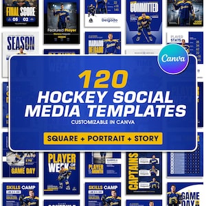 Pu&ograve; includere: Una collezione di 120 modelli per social media a tema hockey con schemi di colori blu e giallo. I design includono layout per calendari delle partite, rose delle squadre, risultati finali e statistiche dei giocatori, adattabili a vari formati.