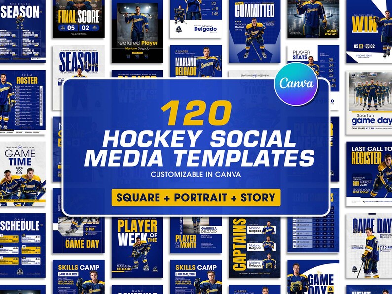 Pu&ograve; includere: Una collezione di 120 modelli per social media a tema hockey con schemi di colori blu e giallo. I design includono layout per calendari delle partite, rose delle squadre, risultati finali e statistiche dei giocatori, adattabili a vari formati.