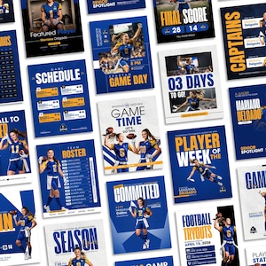 May include: A collection of blue and yellow sports-themed graphic templates featuring athletes in uniforms, game schedules, rosters, and announcements with bold text like Game Day, Player of the Week, and Last Call to Register.