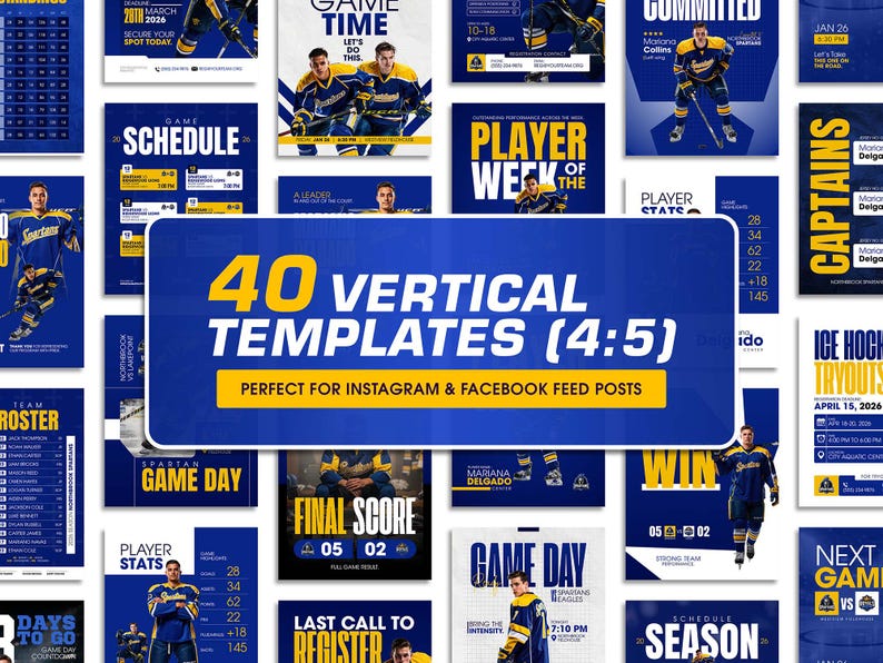 Pu&ograve; includere: Una collezione di 40 modelli verticali per social media con uno schema di colori blu e giallo e temi di hockey su ghiaccio. Il testo centrale recita 40 VERTICAL TEMPLATES (4:5) PERFECT FOR INSTAGRAM & FACEBOOK FEED POSTS.