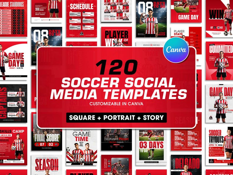 May include: A collection of 120 soccer social media templates in red and white. The templates are customizable in Canva and include square, portrait, and story formats. Various layouts feature game day announcements, player stats, and team schedules.