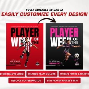 May include: Soccer-themed promotional graphics with the text "PLAYER OF THE WEEK" in large white and pink letters. The graphics feature a male and female soccer player kicking a ball. Text at the bottom says "Mariana Delgado, Striker".