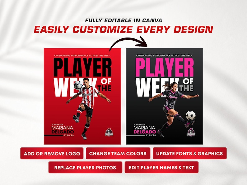 May include: Soccer-themed promotional graphics with the text "PLAYER OF THE WEEK" in large white and pink letters. The graphics feature a male and female soccer player kicking a ball. Text at the bottom says "Mariana Delgado, Striker".