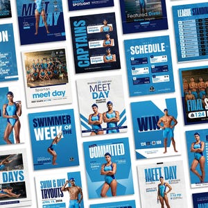 May include: A collection of blue and white graphic posters featuring swimming team schedules, meet day announcements, athlete spotlights, and league standings. The designs include photographs of swimmers in competition gear, bold typography, and event details.