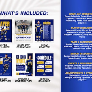 Pu&ograve; includere: Un set di modelli digitali per grafiche social di hockey su ghiaccio con branding blu e giallo. Include layout per i momenti salienti dei giocatori, giorni di partita, rose, riconoscimenti, eventi e programmi con testo.
