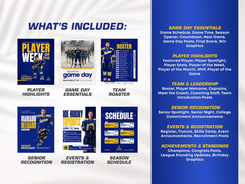 Pu&ograve; includere: Un set di modelli digitali per grafiche social di hockey su ghiaccio con branding blu e giallo. Include layout per i momenti salienti dei giocatori, giorni di partita, rose, riconoscimenti, eventi e programmi con testo.