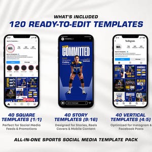 K&ouml;nnte beinhalten: Bild eines Social-Media-Vorlagenpakets f&uuml;r Sport. Das Paket enth&auml;lt 120 editierbare Vorlagen in drei Telefon-Mockups: 40 quadratische, 40 Story- und 40 vertikale Vorlagen. Die Vorlagen sind f&uuml;r Instagram- und Facebook-Posts konzipiert.