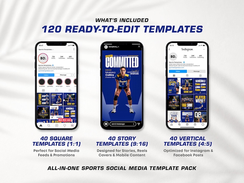 K&ouml;nnte beinhalten: Bild eines Social-Media-Vorlagenpakets f&uuml;r Sport. Das Paket enth&auml;lt 120 editierbare Vorlagen in drei Telefon-Mockups: 40 quadratische, 40 Story- und 40 vertikale Vorlagen. Die Vorlagen sind f&uuml;r Instagram- und Facebook-Posts konzipiert.
