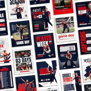 May include: A collection of cricket-themed digital flyers and social media graphics featuring athletes in navy and red uniforms, action shots, game schedules, and text overlays including Player of the Week, Game Day, and Team Roster.