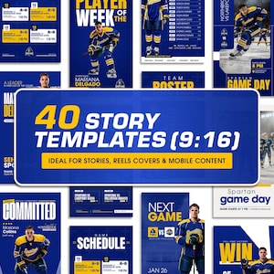 Pu&ograve; includere: Una raccolta di 40 modelli per storie in formato 9:16, caratterizzati da schemi di colore blu e giallo e temi legati all'hockey su ghiaccio. I design includono layout di testo per calendari di gioco, profili dei giocatori e annunci.