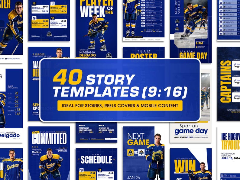Pu&ograve; includere: Una raccolta di 40 modelli per storie in formato 9:16, caratterizzati da schemi di colore blu e giallo e temi legati all'hockey su ghiaccio. I design includono layout di testo per calendari di gioco, profili dei giocatori e annunci.