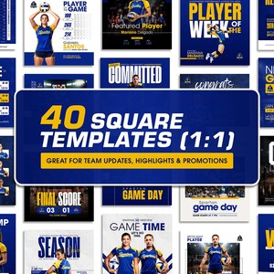 K&ouml;nnte beinhalten: Eine Sammlung von 40 quadratischen Vorlagen f&uuml;r Team-Updates, Highlights und Werbeaktionen. Die Vorlagen zeigen ein blaues und goldenes Farbschema mit Volleyballbildern und Texten wie "Player of the Week" und "Game Day".
