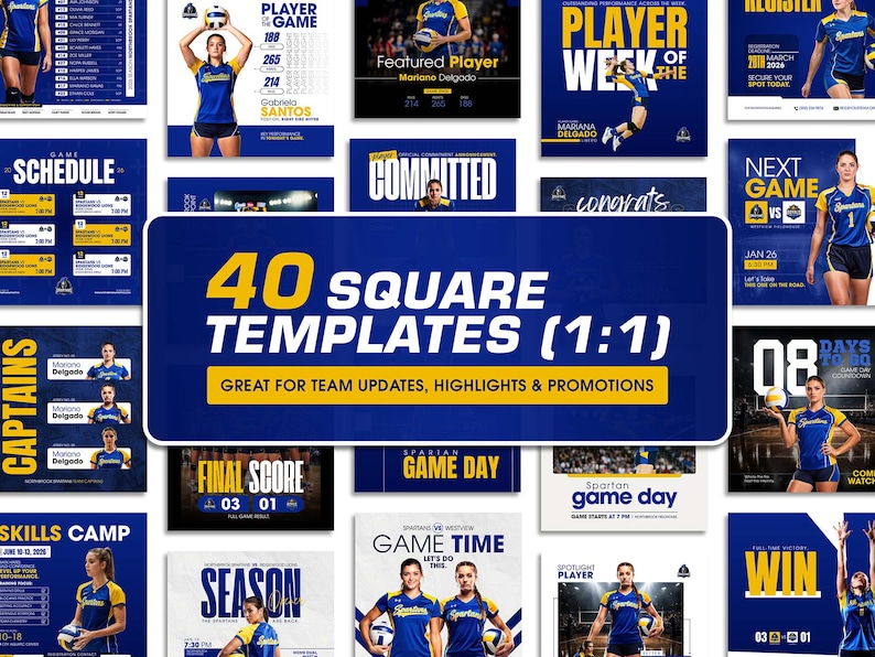 K&ouml;nnte beinhalten: Eine Sammlung von 40 quadratischen Vorlagen f&uuml;r Team-Updates, Highlights und Werbeaktionen. Die Vorlagen zeigen ein blaues und goldenes Farbschema mit Volleyballbildern und Texten wie "Player of the Week" und "Game Day".