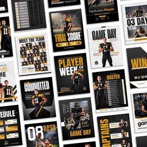 Könnte beinhalten: Eine Sammlung digitaler Sportgrafiken mit Footballspielern in schwarz-goldenen Uniformen. Die Designs enthalten Texte wie Football Tryouts, Game Day, Player of the Week, Team Roster und Final Score und zeigen verschiedene Layouts.