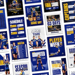 Può includere: Una collezione di poster promozionali blu e bianchi per la squadra di pallavolo. I poster presentano i membri della squadra, gli orari delle partite, i riflettori sui giocatori e i dettagli degli eventi. Il testo include "Game Day", "Player of the Week" e "Volleyball Tryouts".