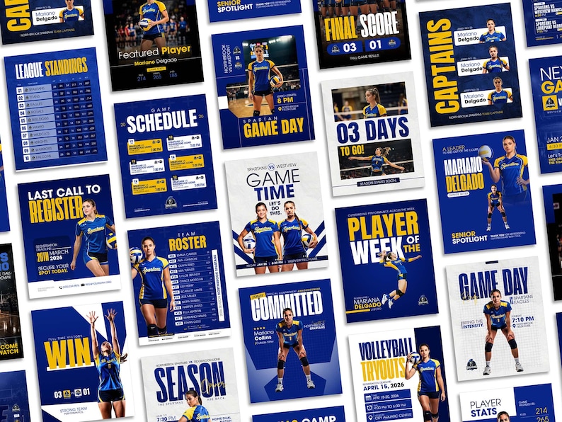 K&ouml;nnte beinhalten: Eine Sammlung von blauen und wei&szlig;en Werbeplakaten f&uuml;r ein Volleyballteam. Die Plakate zeigen Teammitglieder, Spielpl&auml;ne, Spieler-Spotlights und Veranstaltungsdetails. Texte umfassen "Game Day", "Player of the Week" und "Volleyball Tryouts".