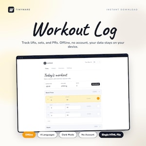 Op de afbeelding: Een digitale workout log interface weergegeven op een computerscherm. De interface toont workout details, inclusief duur, volume en sets. De tekst "Workout Log" is prominent aanwezig, met opties voor offline gebruik, meerdere talen en donkere modus.