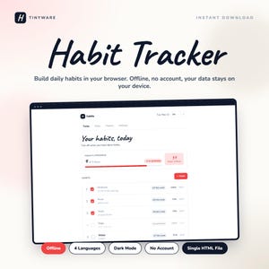 Può includere: Interfaccia digitale di un habit tracker visualizzata su uno schermo di computer. L'interfaccia mostra il testo "Habit Tracker". Il testo aggiuntivo include "Offline", "4 Languages", "Dark Mode", "No Account" e "Single HTML File".