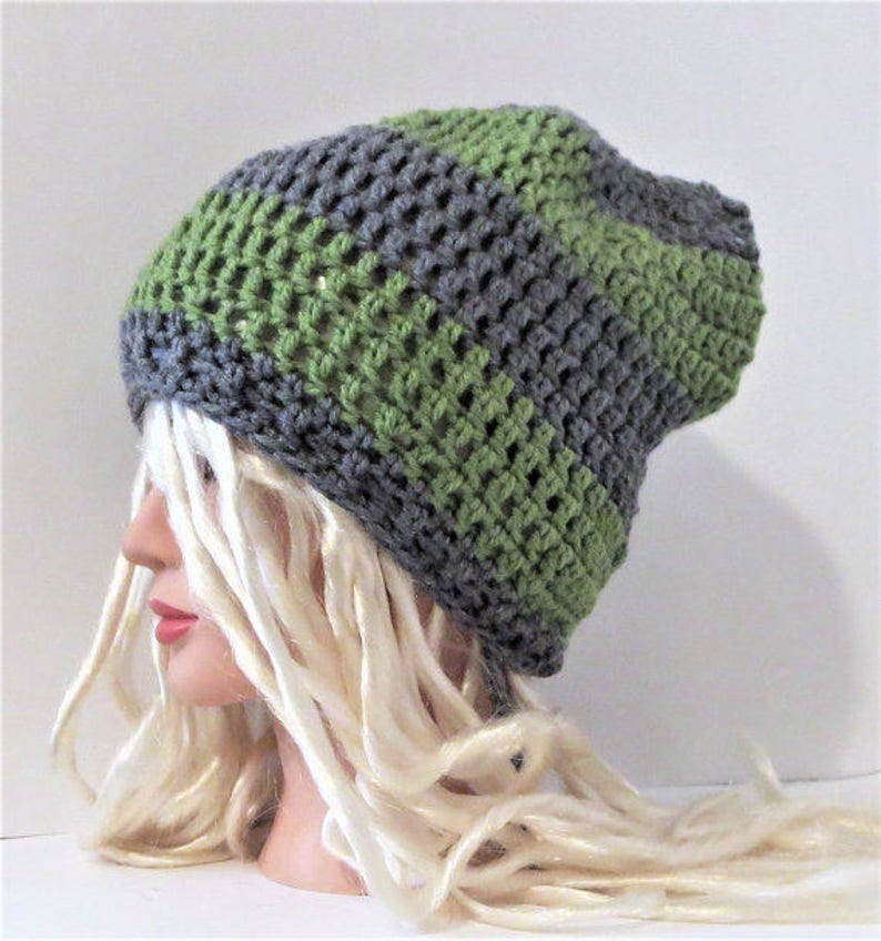Grey and Green Warm & Cozy Slouchy Hat Baggy Hat Crochet image 1