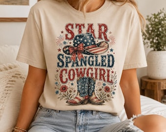 Star Spangled Cowgirl Shirt, Patriotic Western T-Shirt, Fourth of July Cowgirl Tee, USA Rodeo Independence Day Outfit
