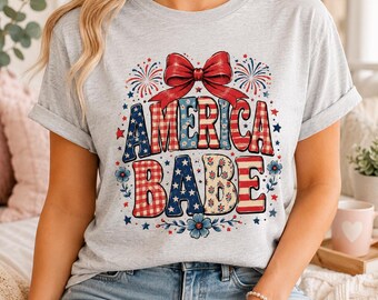 America Babe Shirt, Patriotic Fourth of July T-Shirt, Coquette USA Tee, Red White Blue Independence Day Outfit for Women
