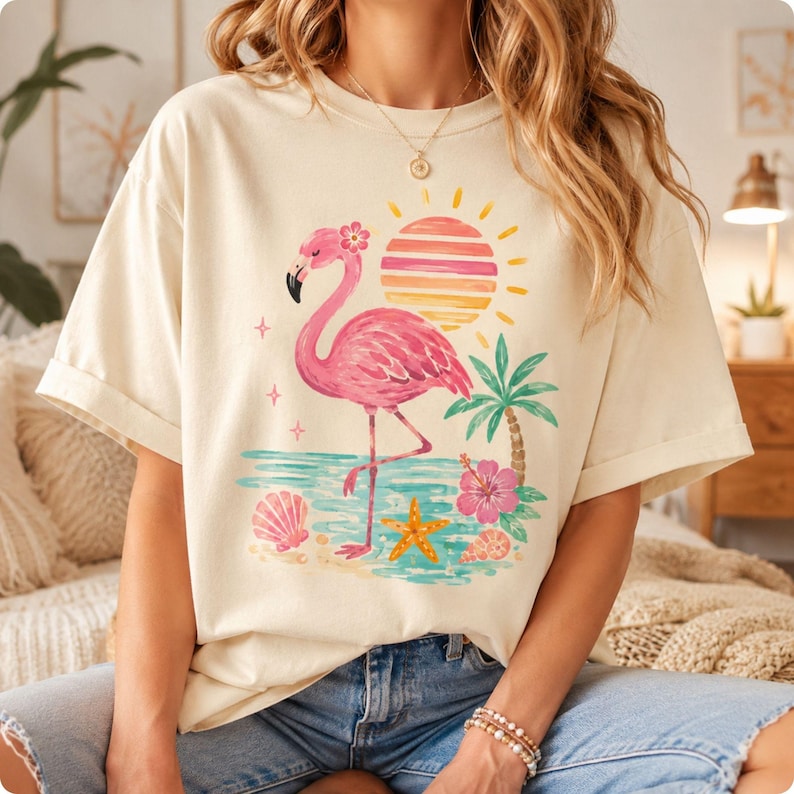 May include: A cream-colored short-sleeve t-shirt featuring a graphic print of a pink flamingo standing in shallow blue water. The design includes a striped sun, a palm tree, a pink hibiscus flower, a starfish, and two seashells in warm tones.