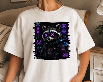 Cyberpunk Raccoon Shirt, Neon Gamer Raccoon T-Shirt, Anime Streetwear Graphic Tee, Futuristic Animal Shirt, Gaming Gift
