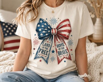 Land of the Free Home of the Brave Shirt, Patriotic Bow T-Shirt, Fourth of July USA Tee, Independence Day Gift for Women